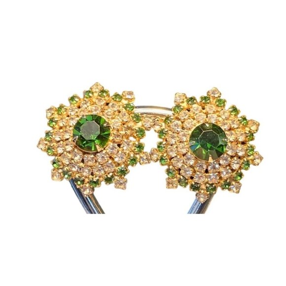 Vintage Hobe‎ Emerald Green Rhinestone Earrings Gold Tone Starburst Roller Clip - Picture 6 of 7